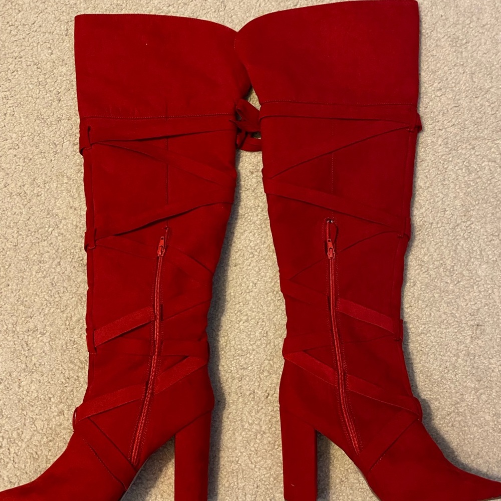 Over the knee red boots, shoe dazzle, brand new